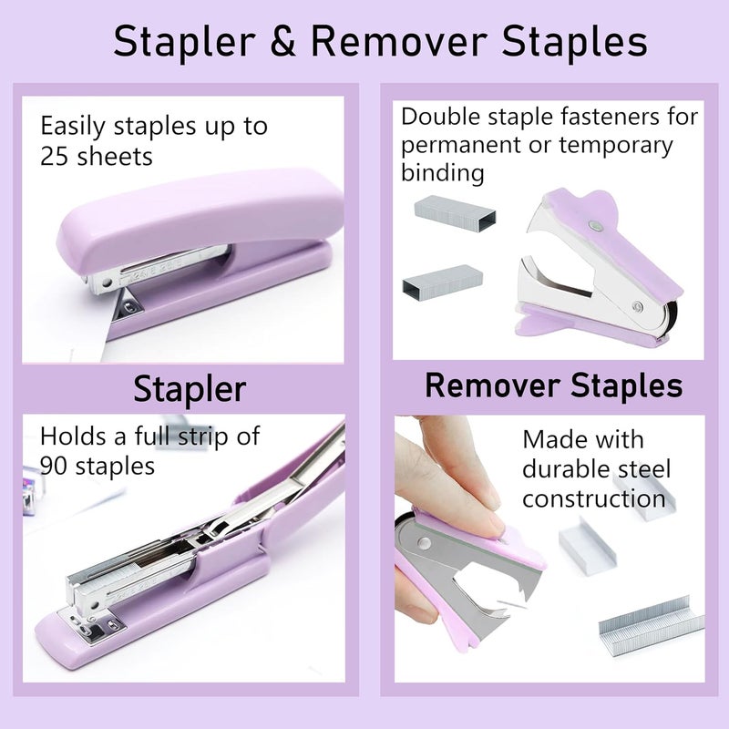 Famassi Purple Office Supplies, Purple Desk Accessories, Stapler, Staple Remover, Tape Holder, Pen Holder, Ballpoint Pen, Scissor, Binder Clips, 1000 Staples, Phone Holder, Ruler, Transparent Glue and Notes - Image 3